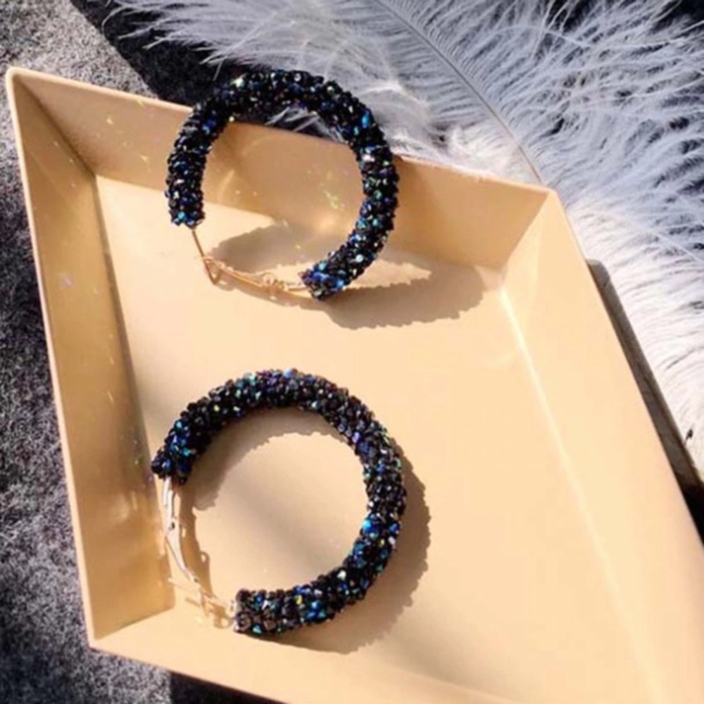 NEW!💙💎GLITTERING RESIN!🖤BLACK🖤DRUZY HOOPS!💎💙 - Picture 5 of 8